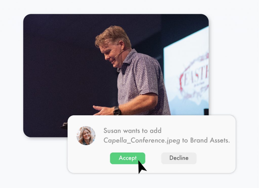 a user is requesting permission to add an image of the last conference to the brand assets