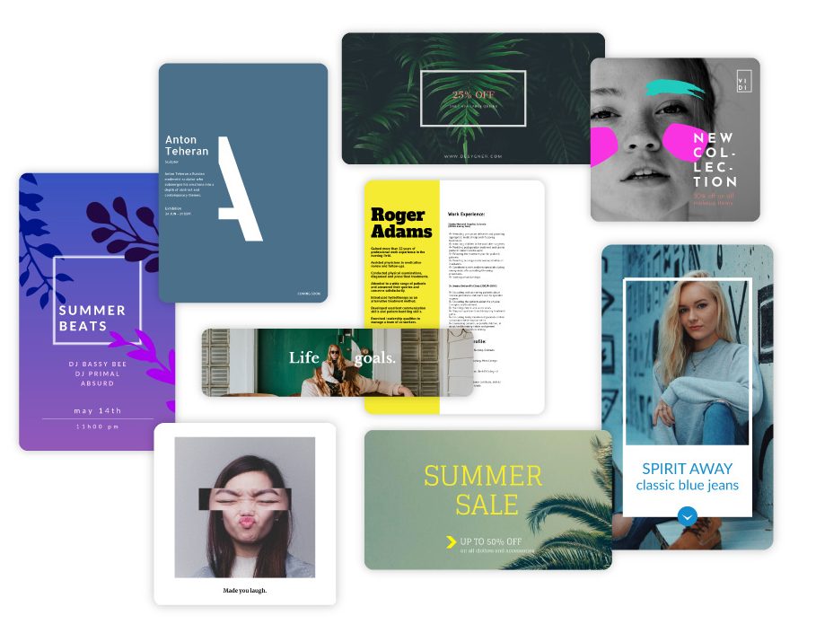 A bunch of Desygner templates such as resumes, flyers, social posts, and discounts.