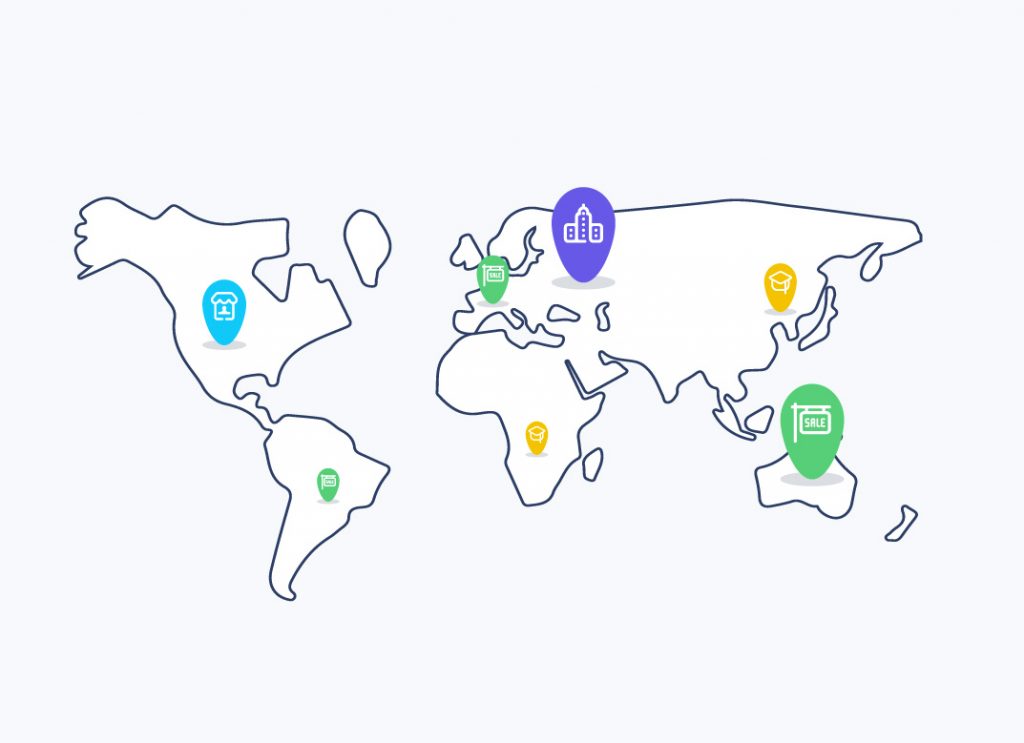 A white world map shows different businesses around the world