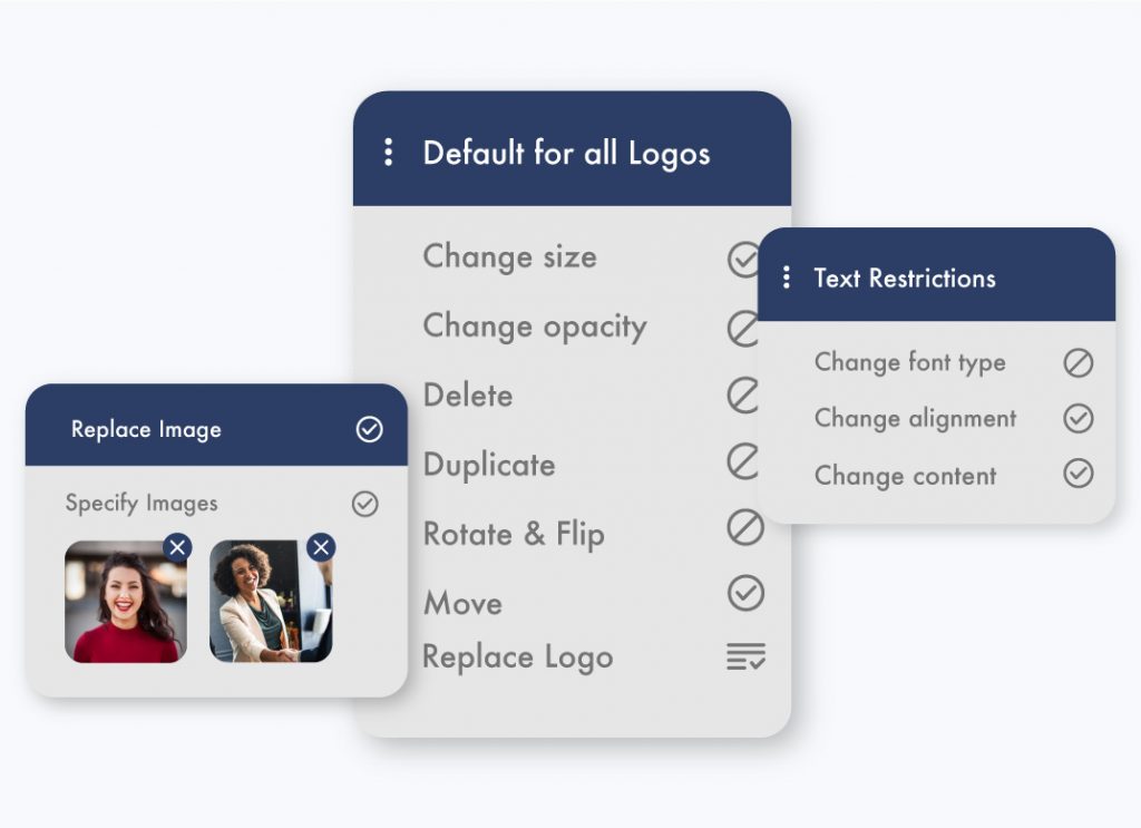 The editor is showing different types of restrictions of images, logos, and text such as restrictions on movements