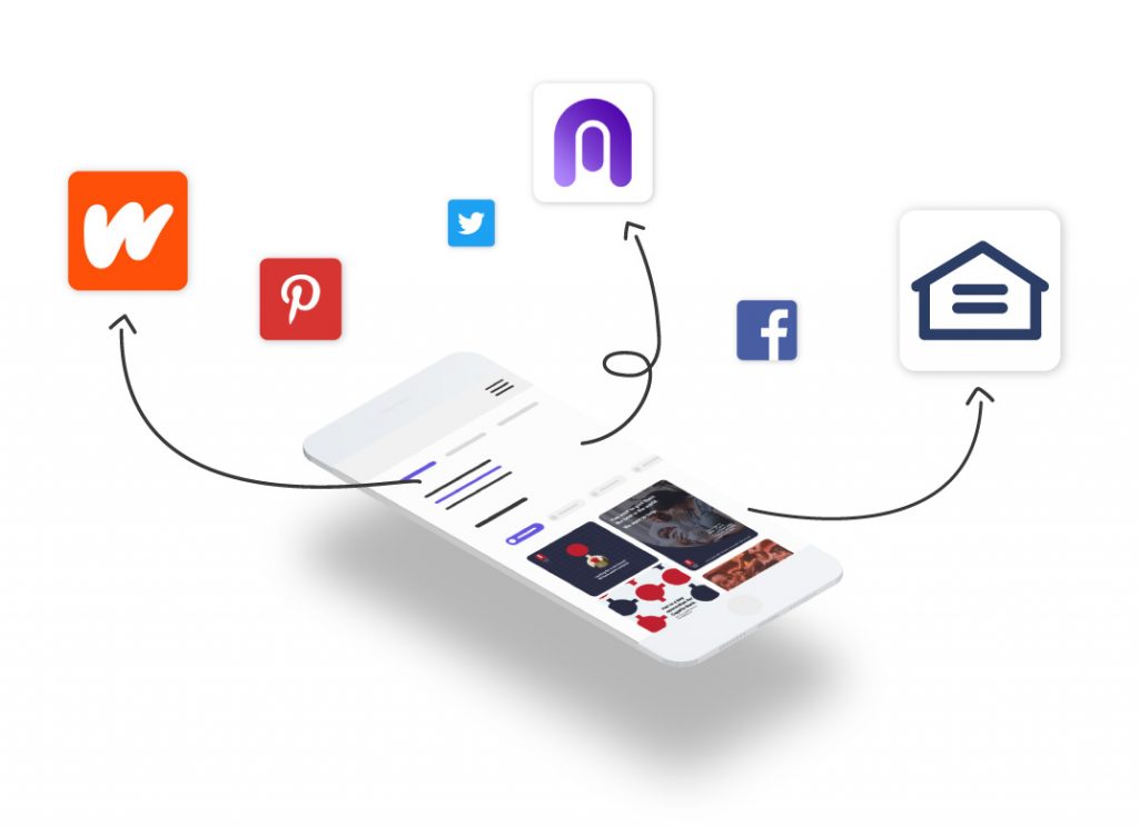 white phone mockup with the desygner app on it, where a design is being shared on Wattpad, Pinterest, Twitter, Facebook