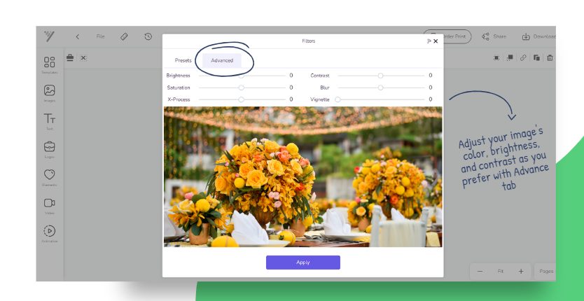Edit the image in your wedding invitation templates using Preset or Advance Tab